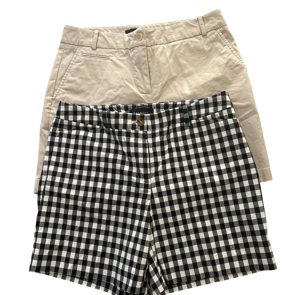 Talbot's The Perfect Shorts Two Pair Size 6 Khaki, Black White Gingham Preppy